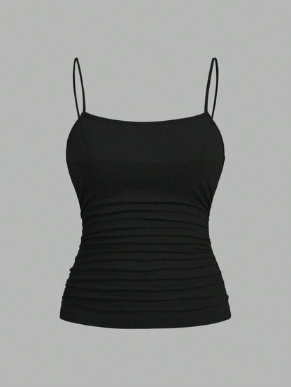 EZwear 3pcs/Set Plus Size Women Ruched Side Sleeveless Camisole Vest,Black And White Striped,Summer,Casual,Everyday Spaghetti Tops Multipack Tank Body Tops