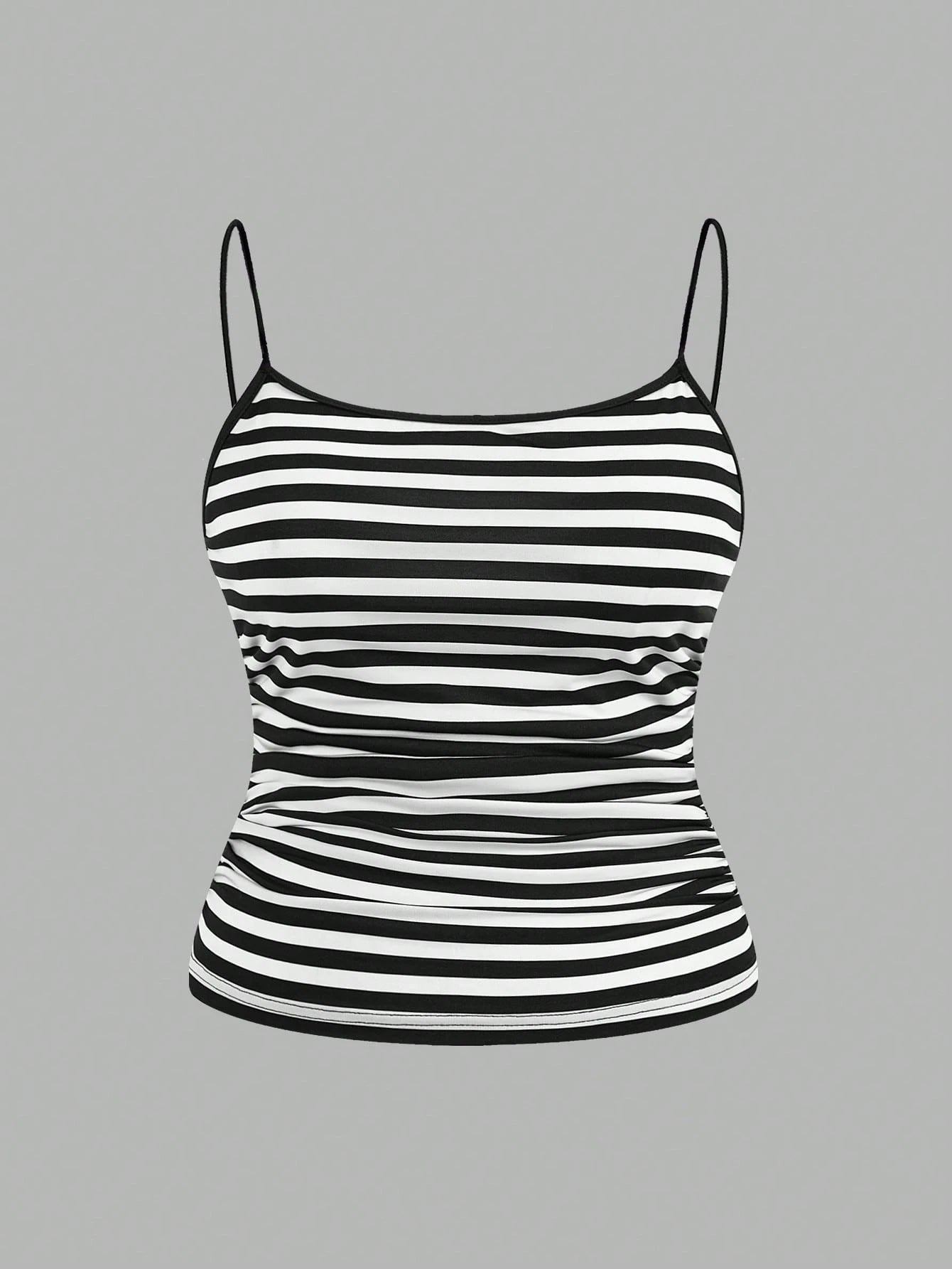 EZwear 3pcs/Set Plus Size Women Ruched Side Sleeveless Camisole Vest,Black And White Striped,Summer,Casual,Everyday Spaghetti Tops Multipack Tank Body Tops
