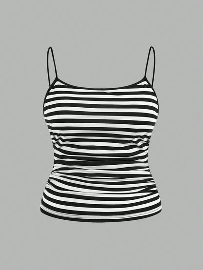 EZwear 3pcs/Set Plus Size Women Ruched Side Sleeveless Camisole Vest,Black And White Striped,Summer,Casual,Everyday Spaghetti Tops Multipack Tank Body Tops