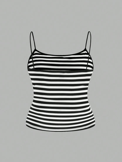 EZwear 3pcs/Set Plus Size Women Ruched Side Sleeveless Camisole Vest,Black And White Striped,Summer,Casual,Everyday Spaghetti Tops Multipack Tank Body Tops