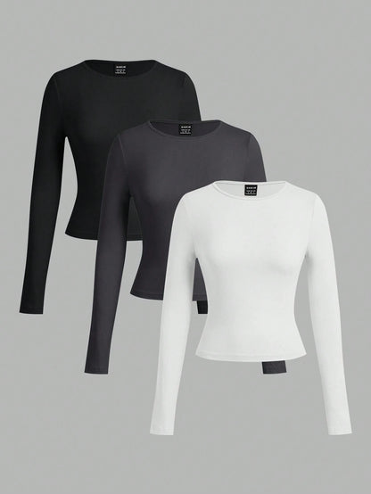 EZwear 3pcs Women Set Wide Neck Tight Fit Long Sleeve Long Length T-Shirt Set, Suitable For Spring, Autumn & Winter Autumn And Winter