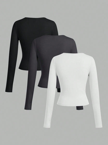 EZwear 3pcs Women Set Wide Neck Tight Fit Long Sleeve Long Length T-Shirt Set, Suitable For Spring, Autumn & Winter Autumn And Winter