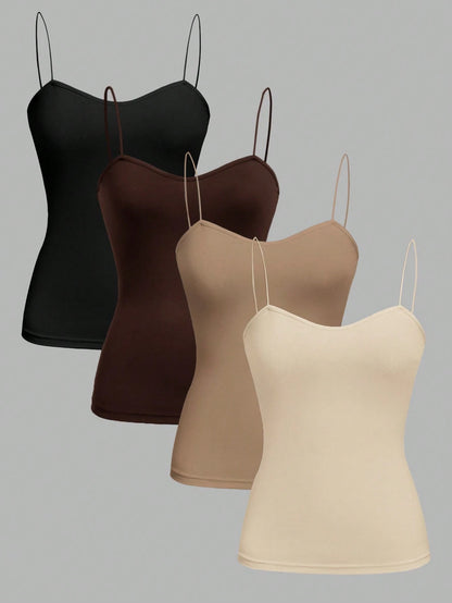 EZwear 4pcs/Set Black, Brown, Khaki, Apricot Cami Tops With Adjustable Spaghetti Straps, Tight-Fitting, Suitable For Spring & Summer Back To School