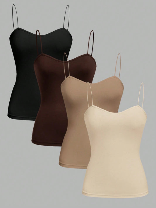 EZwear 4pcs/Set Black, Brown, Khaki, Apricot Cami Tops With Adjustable Spaghetti Straps, Tight-Fitting, Suitable For Spring & Summer Back To School