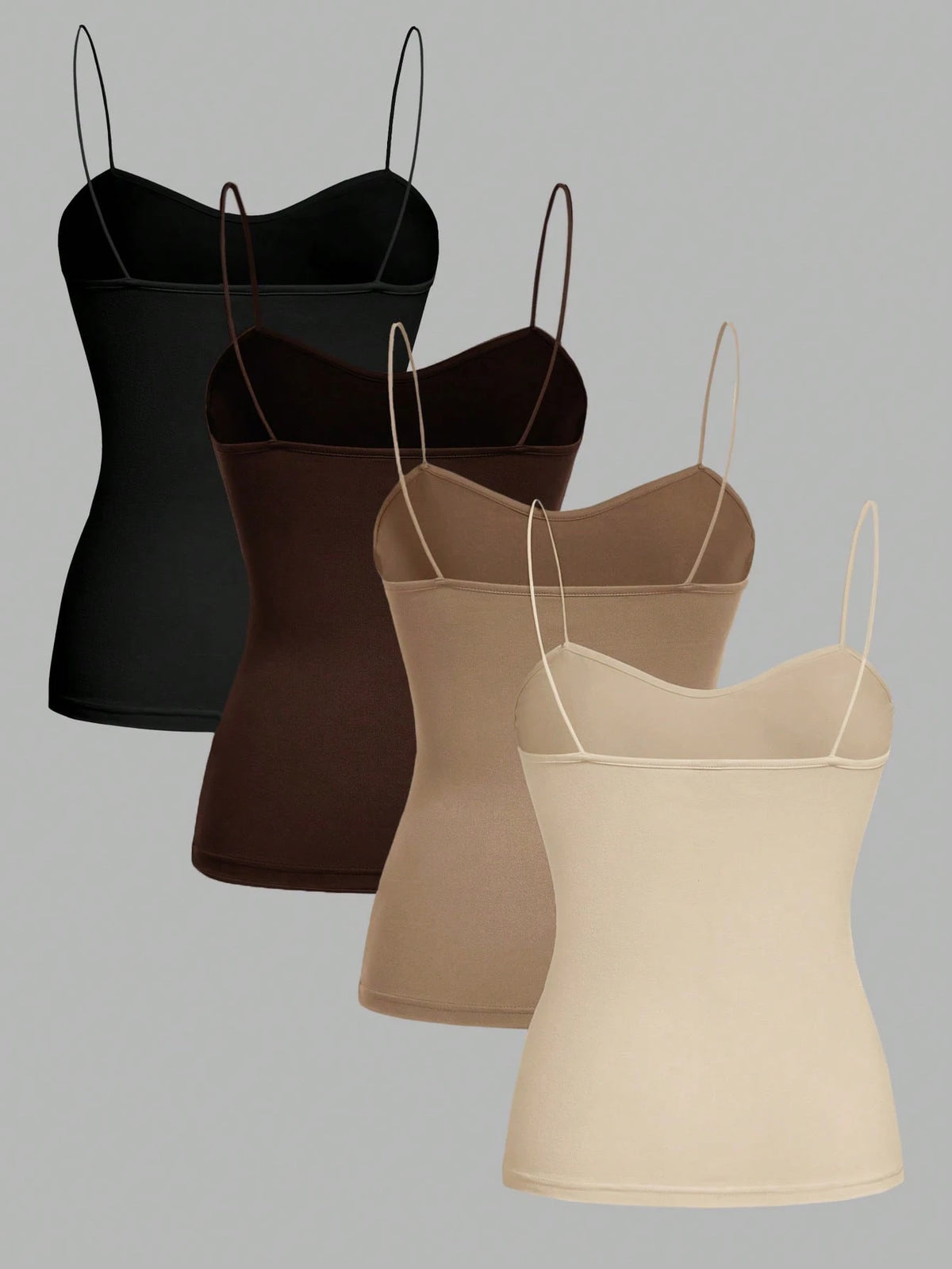EZwear 4pcs/Set Black, Brown, Khaki, Apricot Cami Tops With Adjustable Spaghetti Straps, Tight-Fitting, Suitable For Spring & Summer Back To School