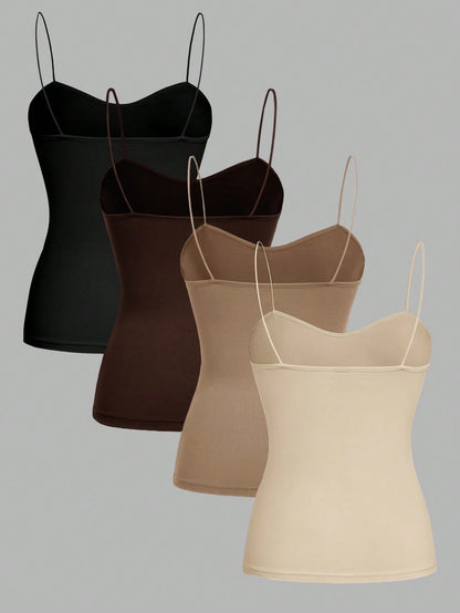 EZwear 4pcs/Set Black, Brown, Khaki, Apricot Cami Tops With Adjustable Spaghetti Straps, Tight-Fitting, Suitable For Spring & Summer Back To School