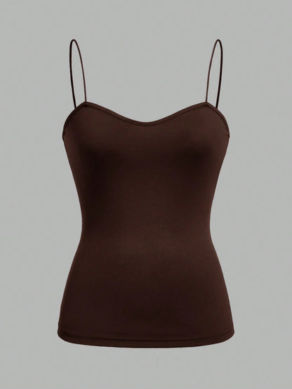 EZwear 4pcs/Set Black, Brown, Khaki, Apricot Cami Tops With Adjustable Spaghetti Straps, Tight-Fitting, Suitable For Spring & Summer Back To School