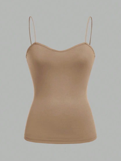 EZwear 4pcs/Set Black, Brown, Khaki, Apricot Cami Tops With Adjustable Spaghetti Straps, Tight-Fitting, Suitable For Spring & Summer Back To School