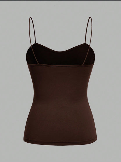 EZwear 4pcs/Set Black, Brown, Khaki, Apricot Cami Tops With Adjustable Spaghetti Straps, Tight-Fitting, Suitable For Spring & Summer Back To School