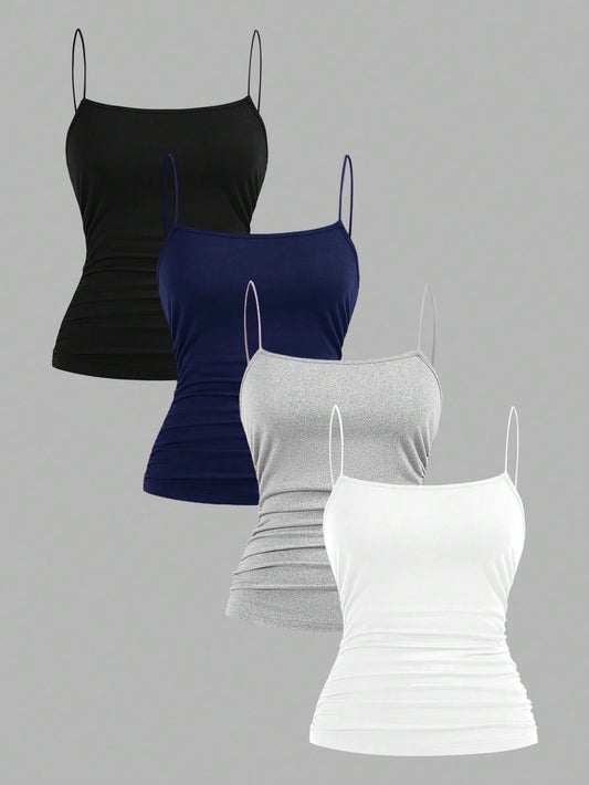 EZwear 4pcs Women's Solid Color Side Ruched Fitted Casual Camisole Tank Top Set, Suitable For Summer- Black, Navy Blue, Gray, White