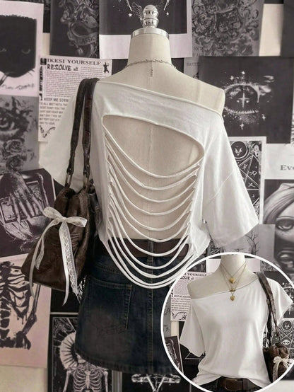 EZwear Casual Minimalist All-Over Print Off Shoulder Loose Short Sleeve T-Shirt For Women,Summer Top