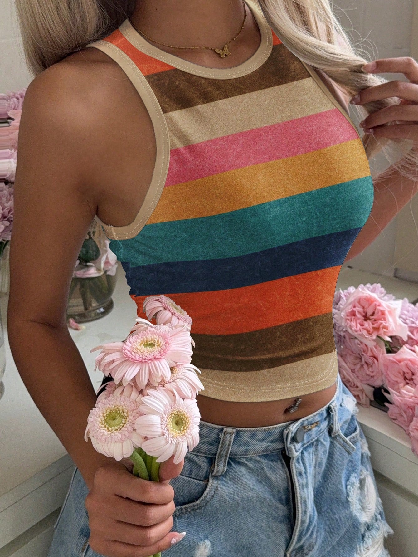 EZwear Casual Minimalist Vacation Bohemian Elegant Retro Striped Print Pattern, Beach, Women's Summer Crew Neck Bodycon Tank Top