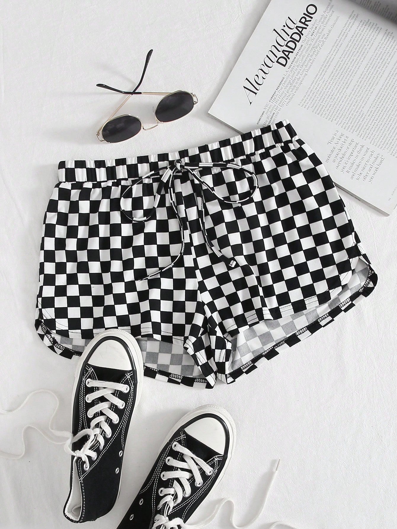 EZwear Checkered Print Drawstring Shorts