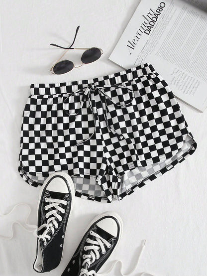 EZwear Checkered Print Drawstring Shorts