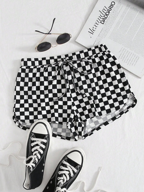 EZwear Checkered Print Drawstring Shorts