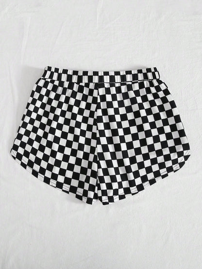 EZwear Checkered Print Drawstring Shorts