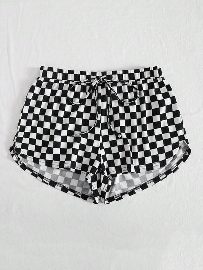 EZwear Checkered Print Drawstring Shorts