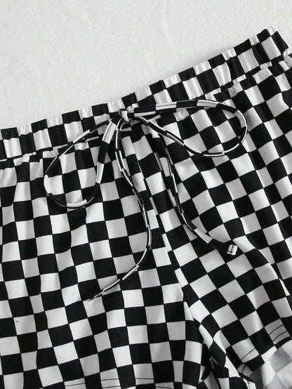 EZwear Checkered Print Drawstring Shorts