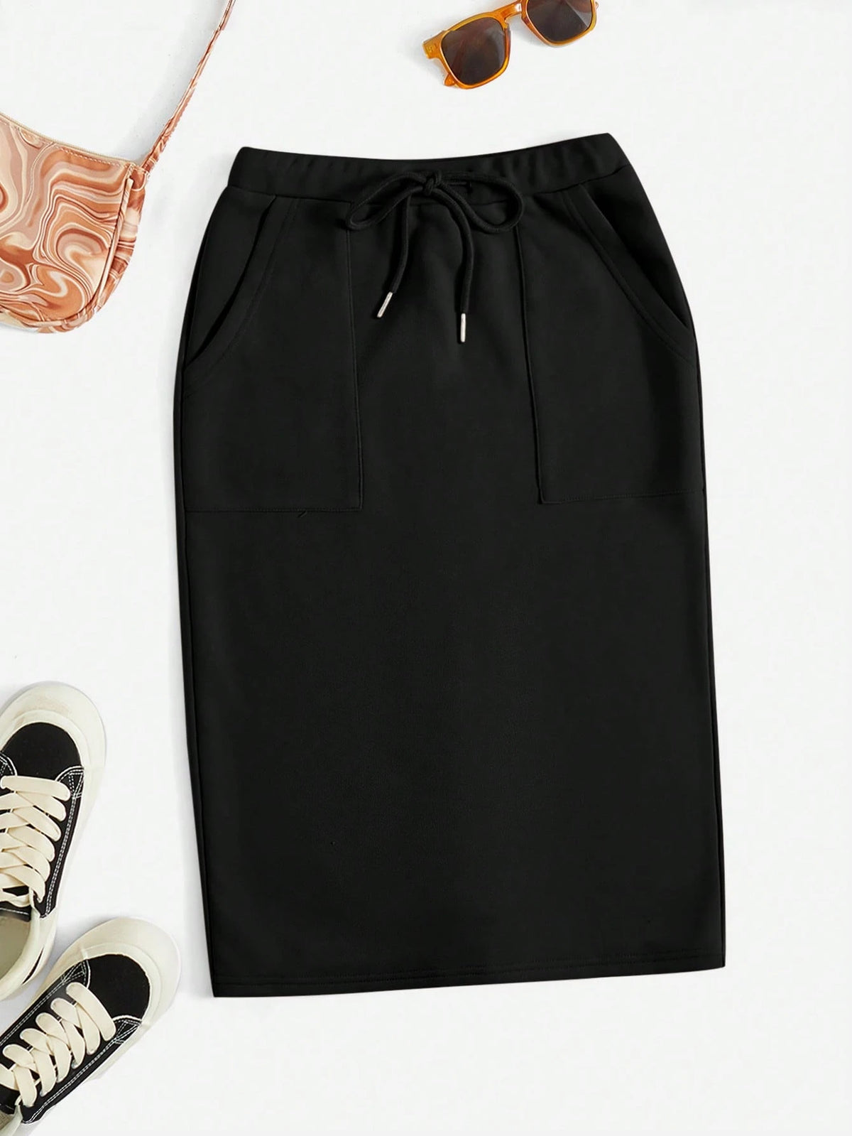 EZwear Drawstring Waist Slant Pocket Split Back Skirt