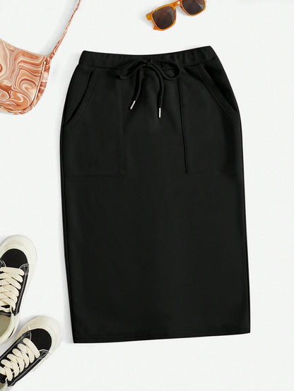 EZwear Drawstring Waist Slant Pocket Split Back Skirt