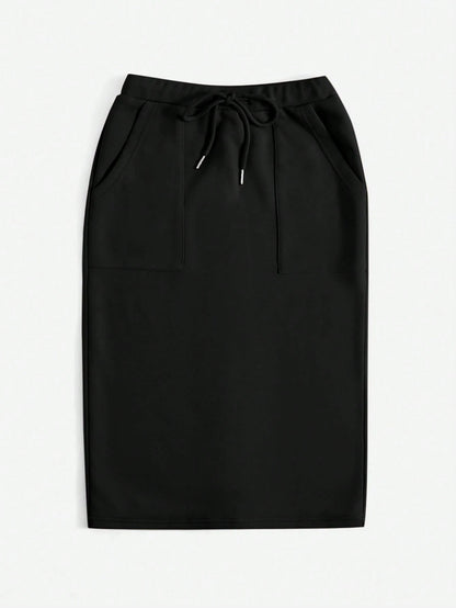 EZwear Drawstring Waist Slant Pocket Split Back Skirt