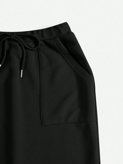 EZwear Drawstring Waist Slant Pocket Split Back Skirt