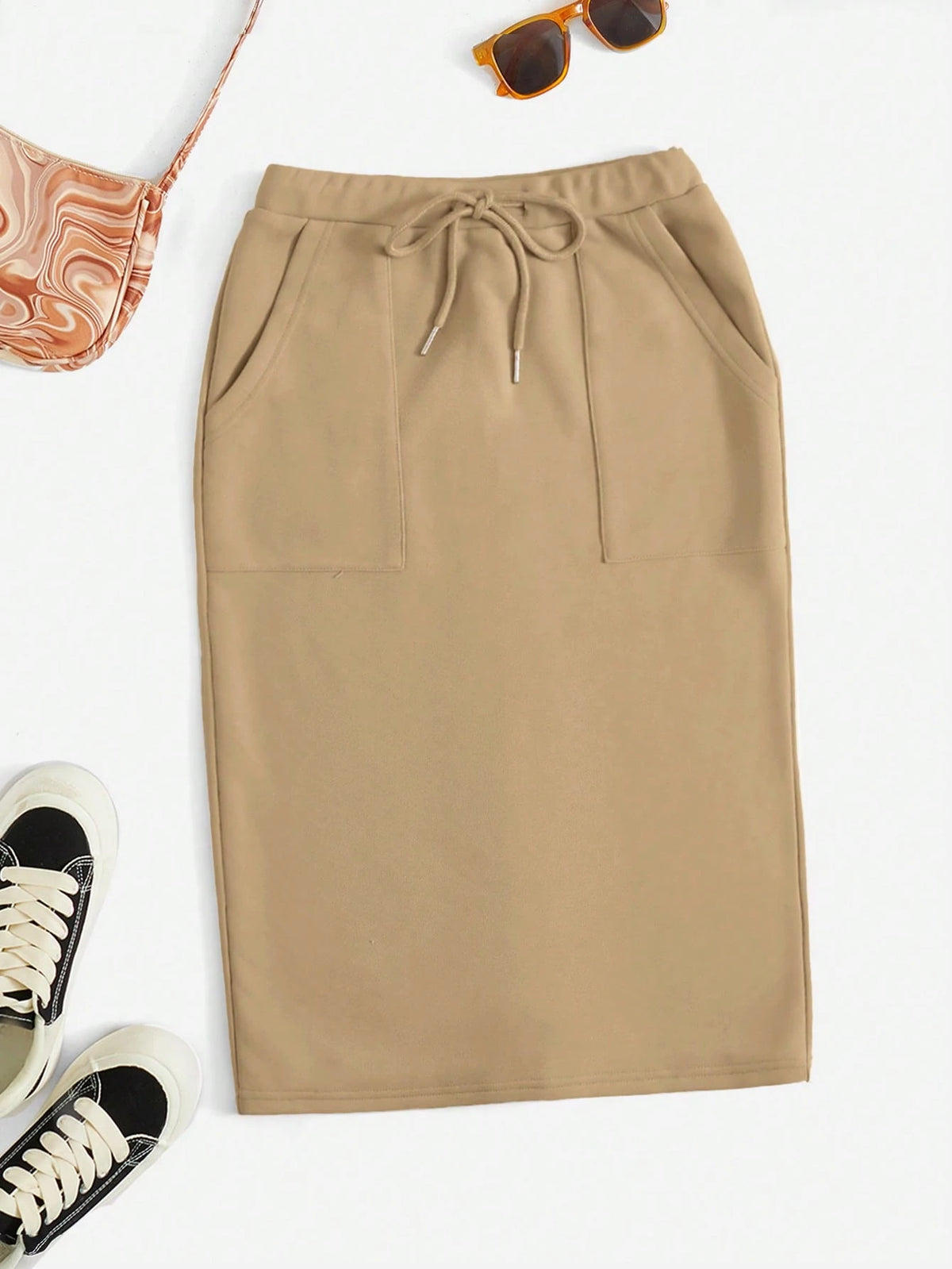 EZwear Drawstring Waist Slant Pocket Split Back Skirt