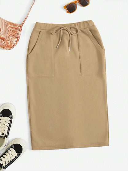 EZwear Drawstring Waist Slant Pocket Split Back Skirt