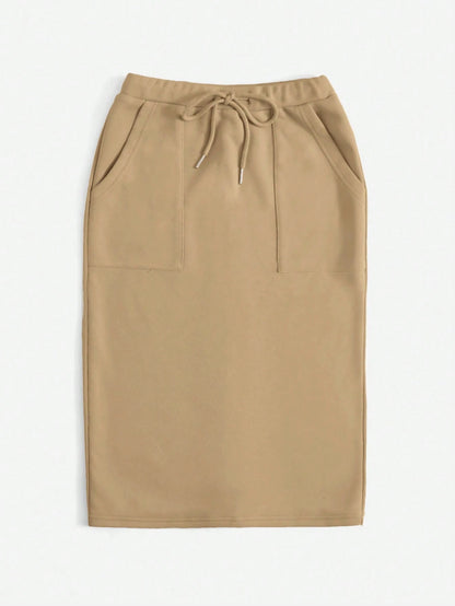 EZwear Drawstring Waist Slant Pocket Split Back Skirt