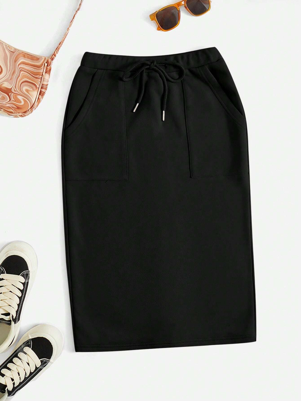 EZwear Drawstring Waist Slant Pocket Split Back Skirt