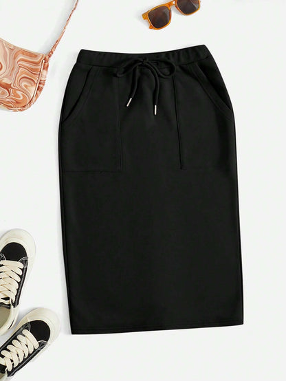 EZwear Drawstring Waist Slant Pocket Split Back Skirt