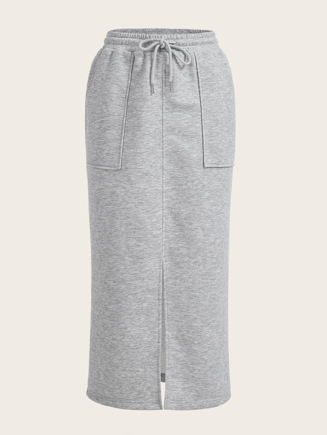 EZwear Drawstring Waist Slant Pocket Split Hem Skirt