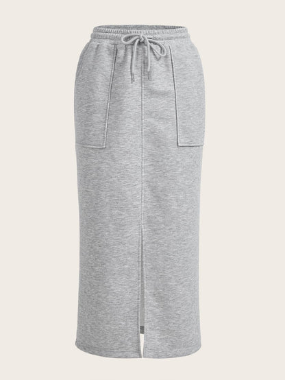 EZwear Drawstring Waist Slant Pocket Split Hem Skirt