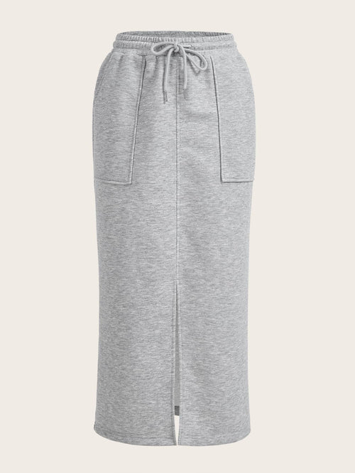 EZwear Drawstring Waist Slant Pocket Split Hem Skirt