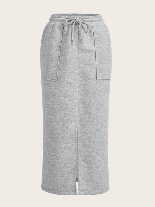 EZwear Drawstring Waist Slant Pocket Split Hem Skirt