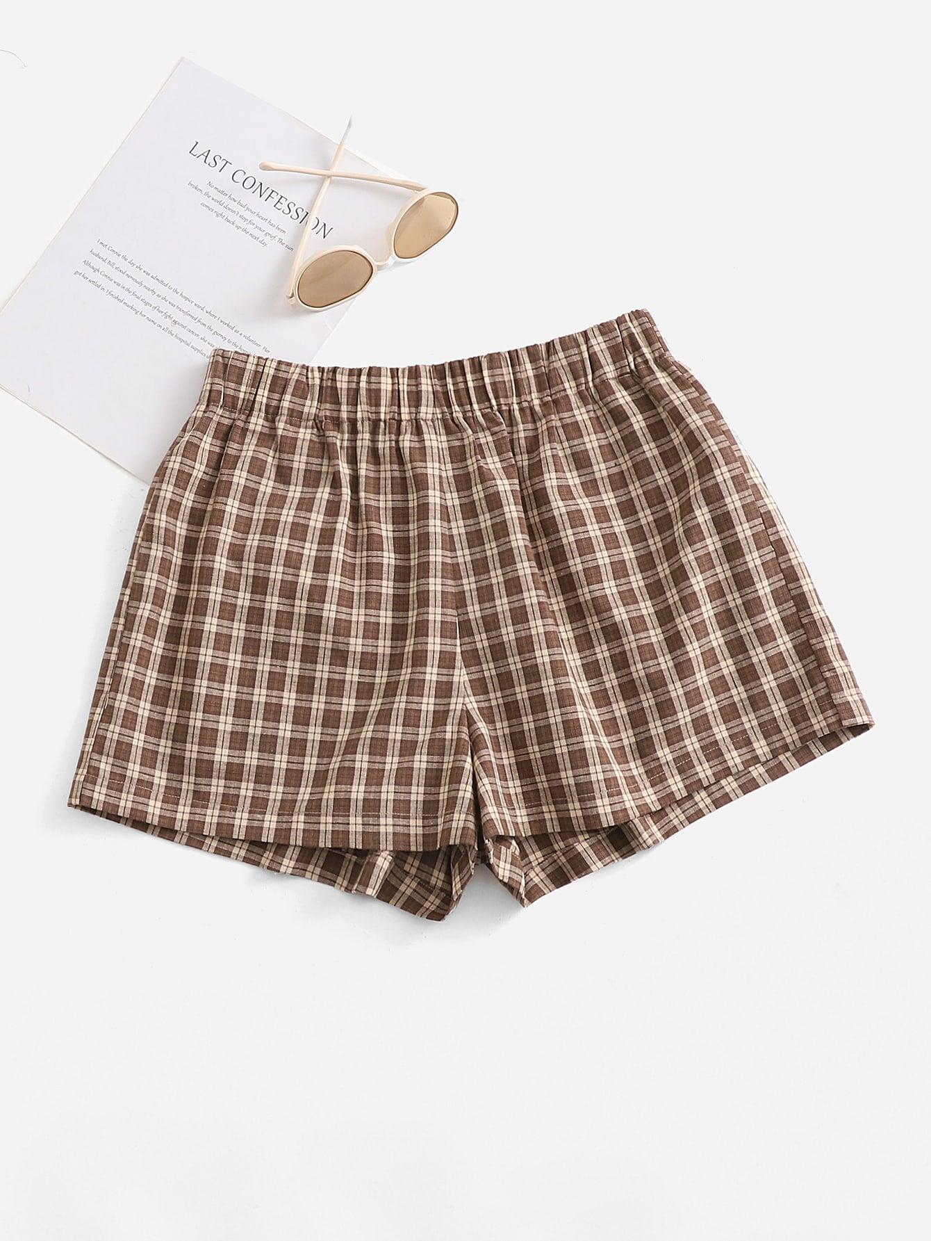 EZwear Elastic Waist Plaid Shorts