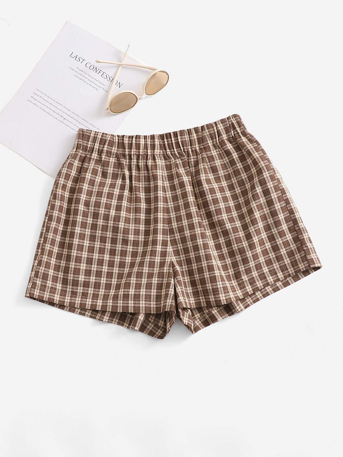 EZwear Elastic Waist Plaid Shorts