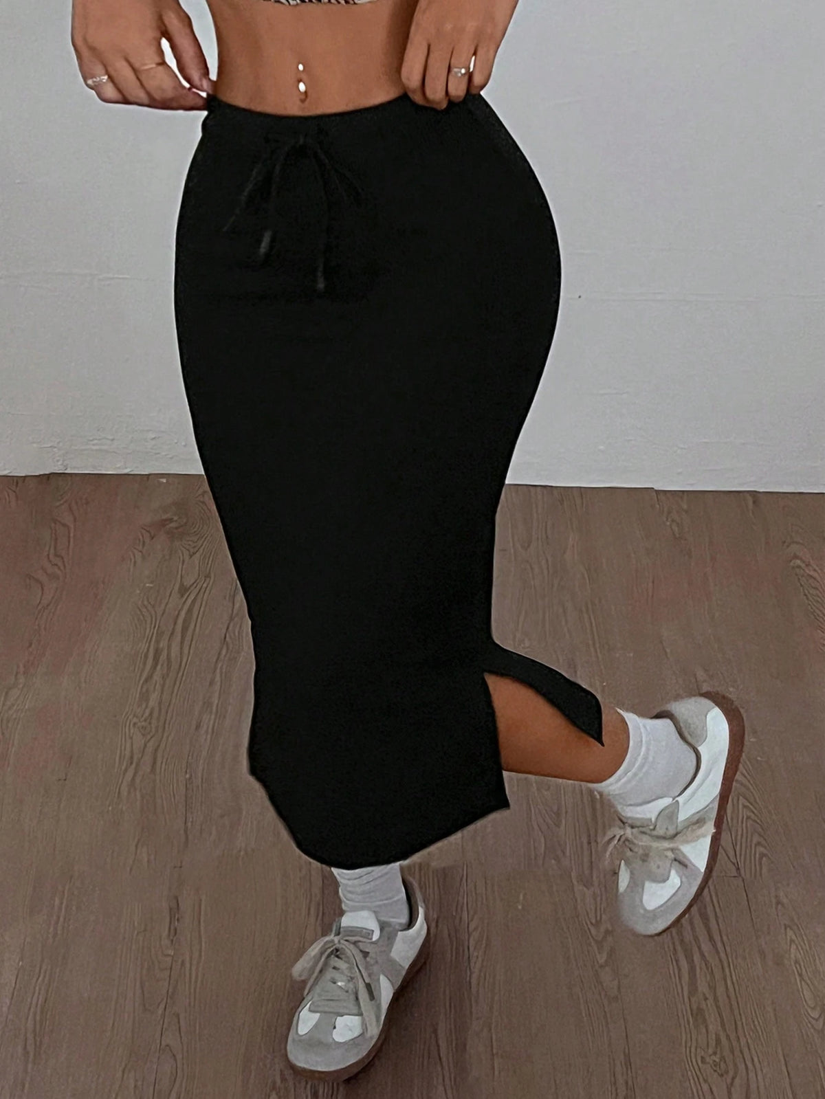 EZwear High Stretch & Cool-Fabric Solid Split Side Drawstring Waist Skirt