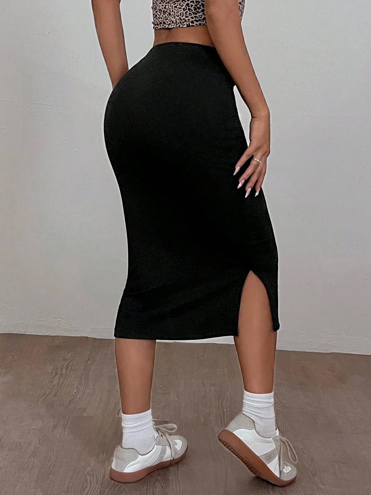 EZwear High Stretch & Cool-Fabric Solid Split Side Drawstring Waist Skirt