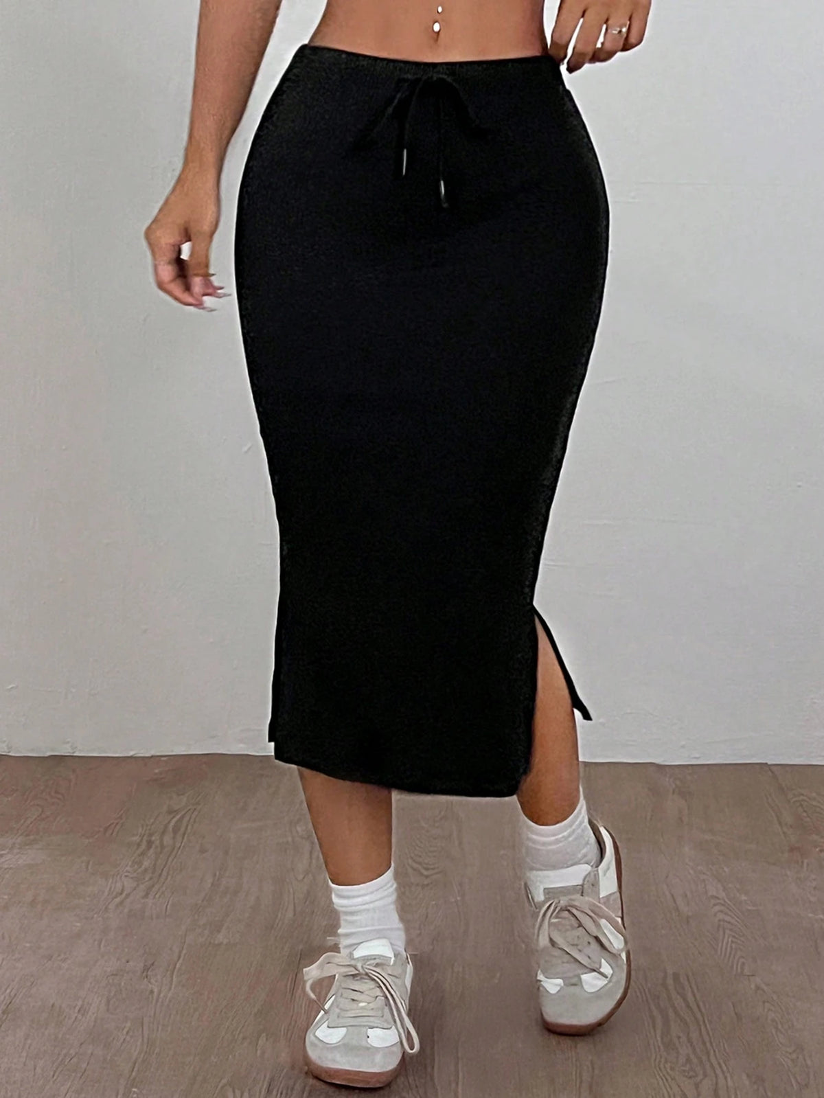 EZwear High Stretch & Cool-Fabric Solid Split Side Drawstring Waist Skirt