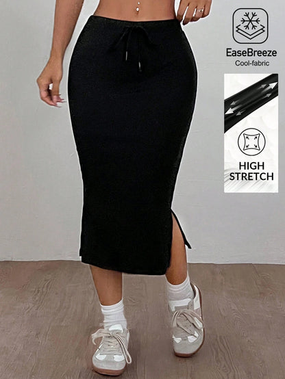 EZwear High Stretch & Cool-Fabric Solid Split Side Drawstring Waist Skirt