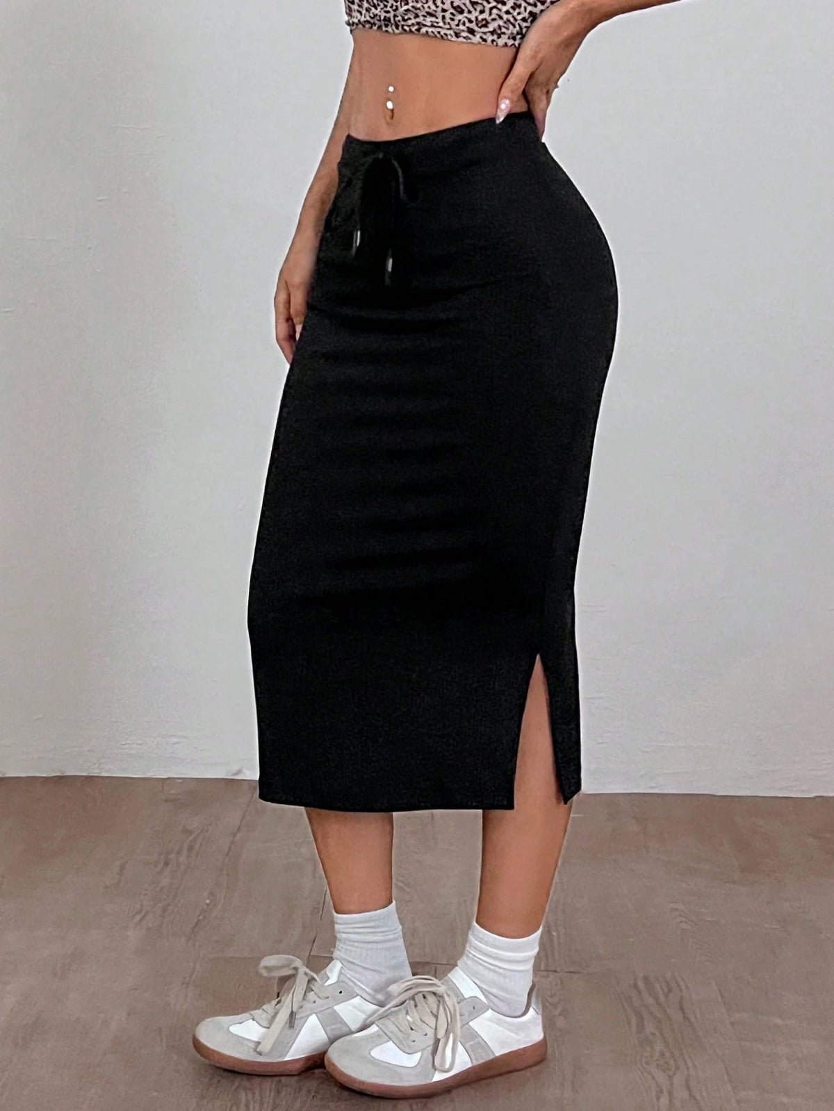 EZwear High Stretch & Cool-Fabric Solid Split Side Drawstring Waist Skirt