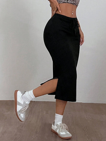 EZwear High Stretch & Cool-Fabric Solid Split Side Drawstring Waist Skirt