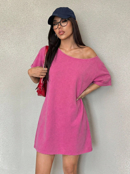 EZwear Hot Pink Summer Casual Brunch Vintage Washed Loose Asymmetric-Shoulder T-Shirt Dress,Western Music Festival Style Off Shoulder Comfy Lounge Dresses