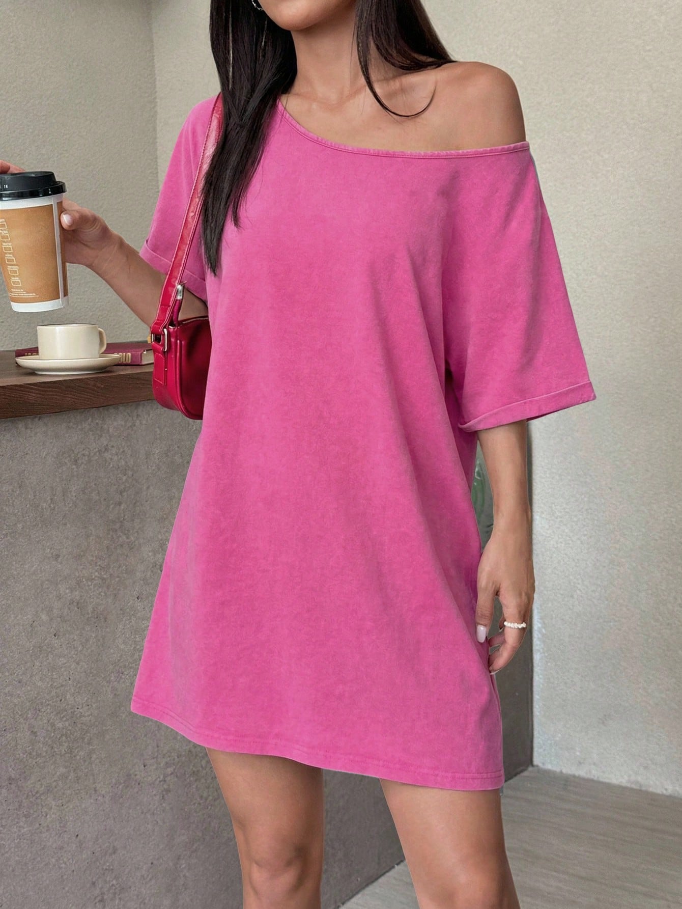 EZwear Hot Pink Summer Casual Brunch Vintage Washed Loose Asymmetric-Shoulder T-Shirt Dress,Western Music Festival Style Off Shoulder Comfy Lounge Dresses