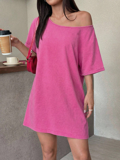 EZwear Hot Pink Summer Casual Brunch Vintage Washed Loose Asymmetric-Shoulder T-Shirt Dress,Western Music Festival Style Off Shoulder Comfy Lounge Dresses