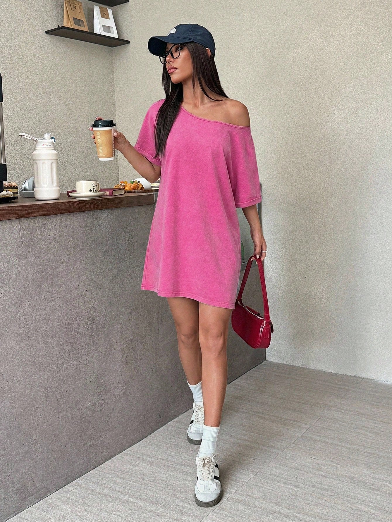 EZwear Hot Pink Summer Casual Brunch Vintage Washed Loose Asymmetric-Shoulder T-Shirt Dress,Western Music Festival Style Off Shoulder Comfy Lounge Dresses
