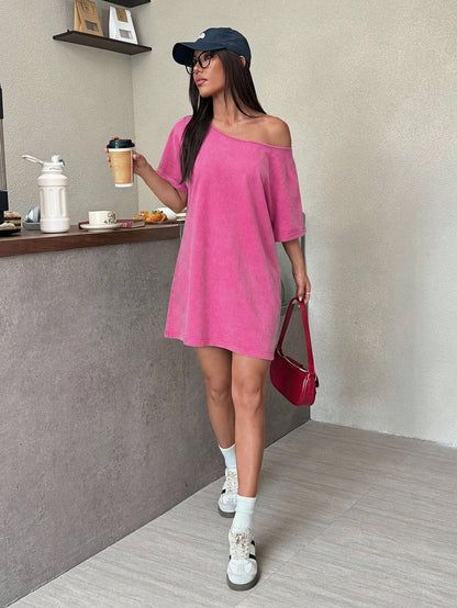 EZwear Hot Pink Summer Casual Brunch Vintage Washed Loose Asymmetric-Shoulder T-Shirt Dress,Western Music Festival Style Off Shoulder Comfy Lounge Dresses