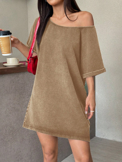 EZwear Hot Pink Summer Casual Brunch Vintage Washed Loose Asymmetric-Shoulder T-Shirt Dress,Western Music Festival Style Off Shoulder Comfy Lounge Dresses