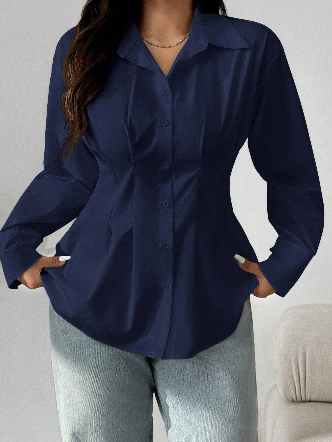 EZwear Plus Size Solid Color Pleated Waist Casual Shirt, Autumn Fall